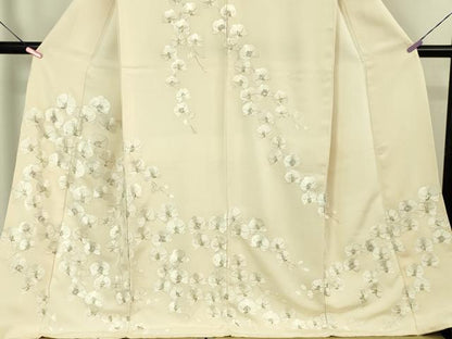 平和屋本店●極上 訪問着 総刺繍 スパンコール 胡蝶蘭 薄卵色地 金糸 ロング丈 逸品 DZAA5019kh5