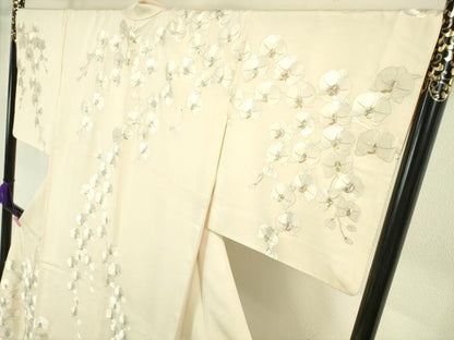 平和屋本店●極上 訪問着 総刺繍 スパンコール 胡蝶蘭 薄卵色地 金糸 ロング丈 逸品 DZAA5019kh5