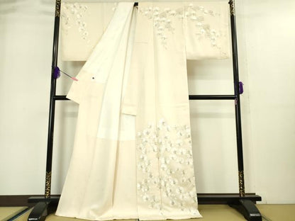 平和屋本店●極上 訪問着 総刺繍 スパンコール 胡蝶蘭 薄卵色地 金糸 ロング丈 逸品 DZAA5019kh5