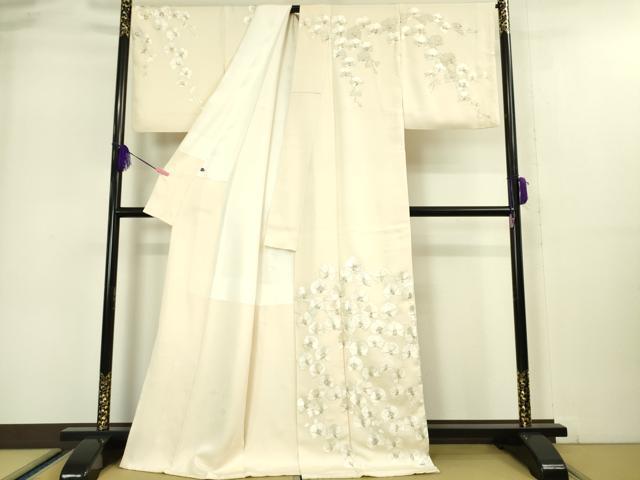 平和屋本店●極上 訪問着 総刺繍 スパンコール 胡蝶蘭 薄卵色地 金糸 ロング丈 逸品 DZAA5019kh5