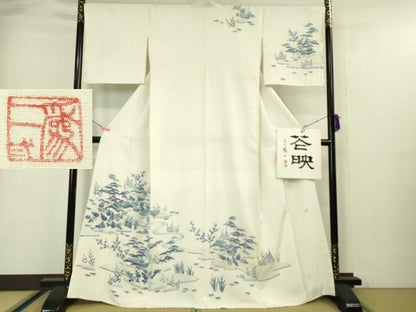 平和屋本店●極上　京友禅の人間国宝　上野為二　訪問着　藍　風景花文　象牙色地　色紙付き　逸品　DZAA5026kh6