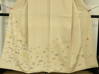 平和屋本店●極上 人間国宝 福田喜三郎 訪問着 刺繍 舞鳥花松文 手描き 肌色地 金糸 逸品 DZAA5027kh5