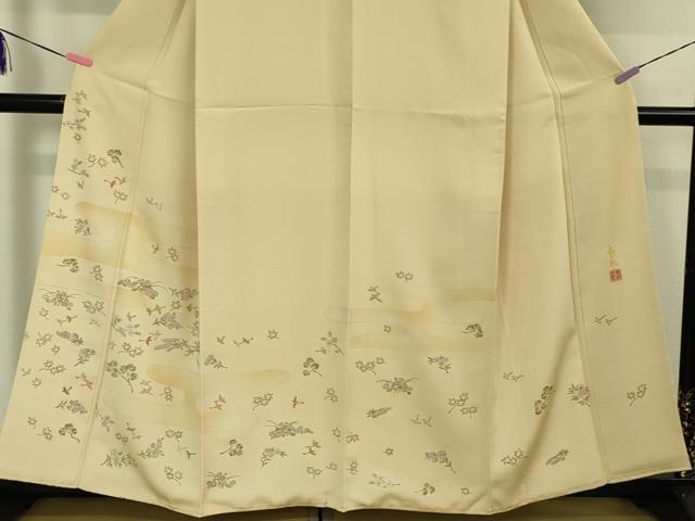 平和屋本店●極上 人間国宝 福田喜三郎 訪問着 刺繍 舞鳥花松文 手描き 肌色地 金糸 逸品 DZAA5027kh5