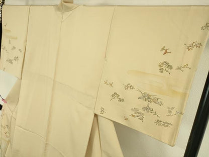 平和屋本店●極上 人間国宝 福田喜三郎 訪問着 刺繍 舞鳥花松文 手描き 肌色地 金糸 逸品 DZAA5027kh5