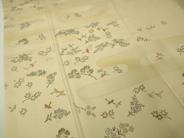 平和屋本店●極上 人間国宝 福田喜三郎 訪問着 刺繍 舞鳥花松文 手描き 肌色地 金糸 逸品 DZAA5027kh5