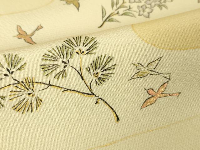 平和屋本店●極上 人間国宝 福田喜三郎 訪問着 刺繍 舞鳥花松文 手描き 肌色地 金糸 逸品 DZAA5027kh5