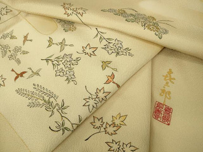 平和屋本店●極上 人間国宝 福田喜三郎 訪問着 刺繍 舞鳥花松文 手描き 肌色地 金糸 逸品 DZAA5027kh5
