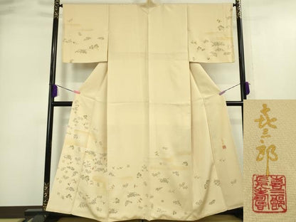 平和屋本店●極上 人間国宝 福田喜三郎 訪問着 刺繍 舞鳥花松文 手描き 肌色地 金糸 逸品 DZAA5027kh5