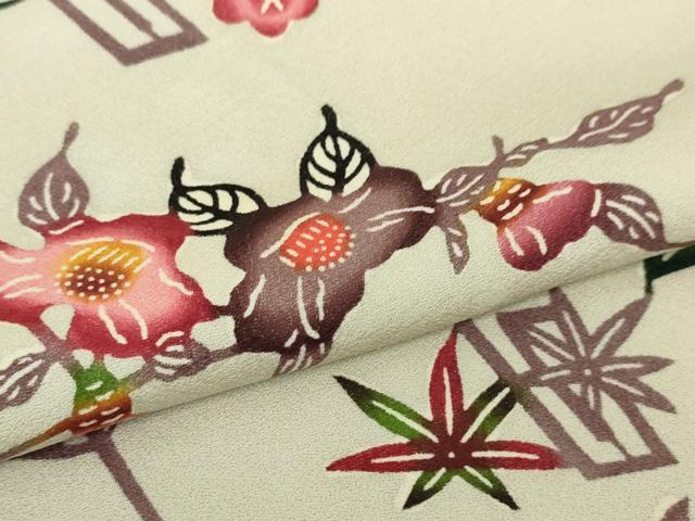 平和屋本店●希少 金城紅型染工房 金城盛弘 琉球びんがた 小紋 草花文 素色地 反端付き 逸品 DZAA5044kh5