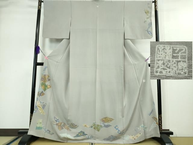平和屋本店●極上 創業460年・千總 訪問着 刺繍 名物裂切嵌花鳥文 錫色地 金糸 高島屋扱い 逸品 DZAA5046kh5