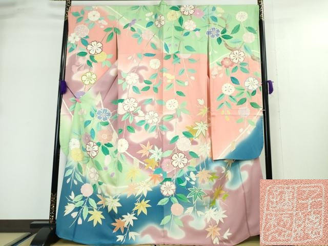 平和屋本店●極上 創業460年・千總 振袖 駒刺繍 枝垂れ吉祥花文 暈し染め 金彩 三越扱い 逸品 DZAA5047kh5