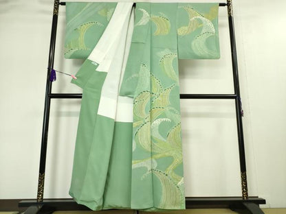 平和屋本店●極上 創業460年・千總 訪問着 ろうけつ染め 立波文 青竹色地 逸品 DZAA5049kh5