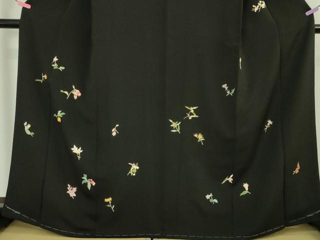 平和屋本店●極上 訪問着 駒刺繍 草花文 黒地 金彩 鬼しぼ縮緬 逸品 未使用 DZAA5051kh5