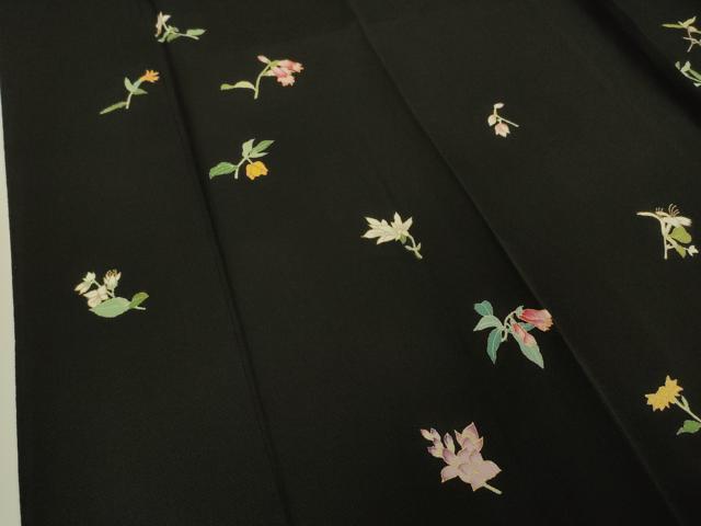 平和屋本店●極上 訪問着 駒刺繍 草花文 黒地 金彩 鬼しぼ縮緬 逸品 未使用 DZAA5051kh5