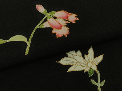 平和屋本店●極上 訪問着 駒刺繍 草花文 黒地 金彩 鬼しぼ縮緬 逸品 未使用 DZAA5051kh5