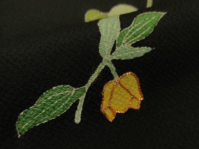平和屋本店●極上 訪問着 駒刺繍 草花文 黒地 金彩 鬼しぼ縮緬 逸品 未使用 DZAA5051kh5