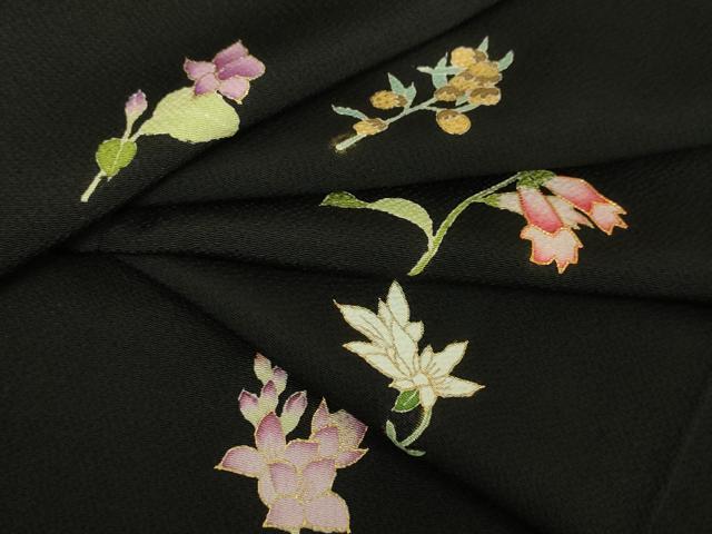 平和屋本店●極上 訪問着 駒刺繍 草花文 黒地 金彩 鬼しぼ縮緬 逸品 未使用 DZAA5051kh5