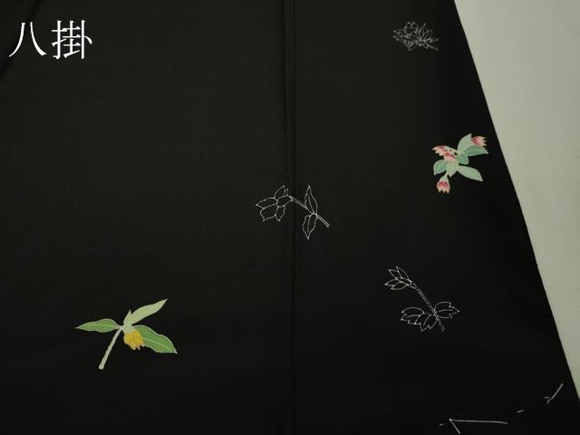 平和屋本店●極上 訪問着 駒刺繍 草花文 黒地 金彩 鬼しぼ縮緬 逸品 未使用 DZAA5051kh5