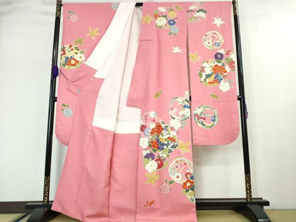 平和屋本店■極上　創業460年・千總　振袖・長襦袢(無双仕立て)セット　駒刺繍　花丸文　桃色地　金彩　高島屋扱い　逸品　DZAA5053kh5
