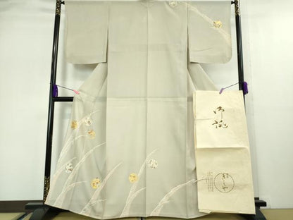 平和屋本店■極上 夏物　銀座きしや　訪問着　絽　駒刺繍　立波　花丸文　灰白色地　金彩　たとう紙・反端付き　逸品　未使用　DZAA5058kh5