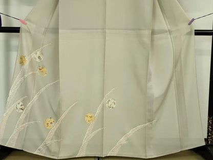 平和屋本店■極上 夏物　銀座きしや　訪問着　絽　駒刺繍　立波　花丸文　灰白色地　金彩　たとう紙・反端付き　逸品　未使用　DZAA5058kh5