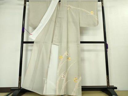 平和屋本店■極上 夏物　銀座きしや　訪問着　絽　駒刺繍　立波　花丸文　灰白色地　金彩　たとう紙・反端付き　逸品　未使用　DZAA5058kh5