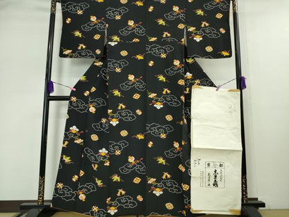 平和屋本店●極上 銀座 志ま亀 小紋 宝尽くし 黒地 たとう紙付き 逸品 DZAA5059kh5