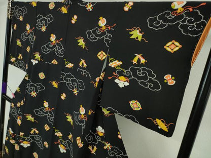 平和屋本店●極上 銀座 志ま亀 小紋 宝尽くし 黒地 たとう紙付き 逸品 DZAA5059kh5