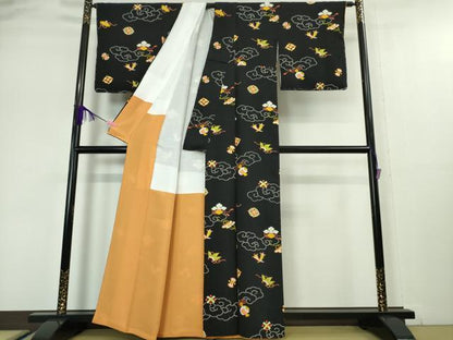 平和屋本店●極上 銀座 志ま亀 小紋 宝尽くし 黒地 たとう紙付き 逸品 DZAA5059kh5