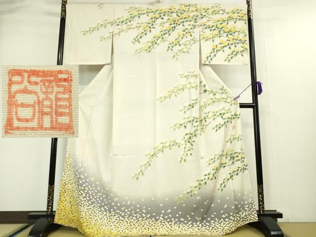 平和屋本店■極上 名門染元 秀美 十日町友禅 龍谷 訪問着 砂色地 暈し染め 睦織物謹製 上代128万 反端・タグ付き 逸品 未使用 DZAA5078kh5