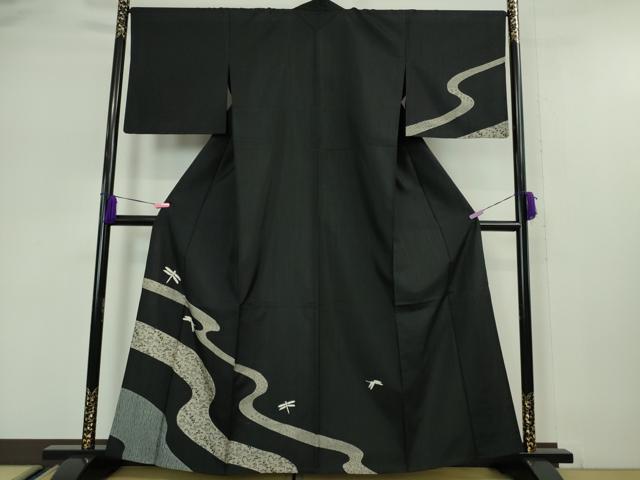 平和屋本店▽極上 訪問着 単衣 紬地 絞り 蜻蛉 トンボ 流水花文 黒地 逸品 DZAA5107kh5