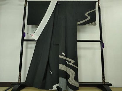 平和屋本店▽極上 訪問着 単衣 紬地 絞り 蜻蛉 トンボ 流水花文 黒地 逸品 DZAA5107kh5