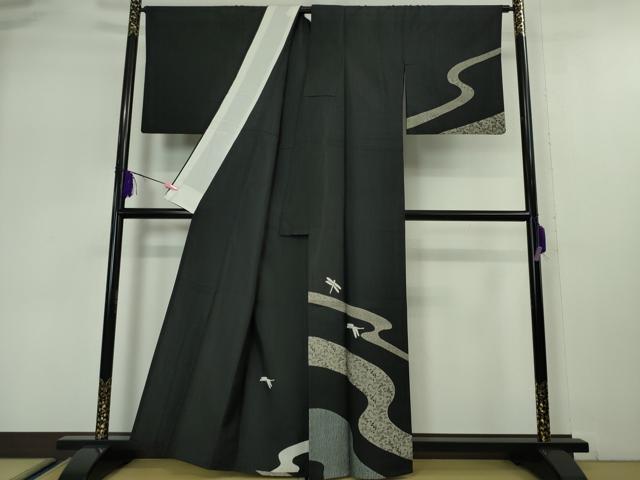 平和屋本店▽極上 訪問着 単衣 紬地 絞り 蜻蛉 トンボ 流水花文 黒地 逸品 DZAA5107kh5