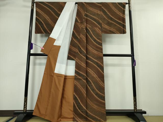 平和屋本店■極上　伝統工芸士　七代目　吉澤与市　生紬　絞り　古代菊　よろけ縞　逸品　未使用　DZAA5108kh5