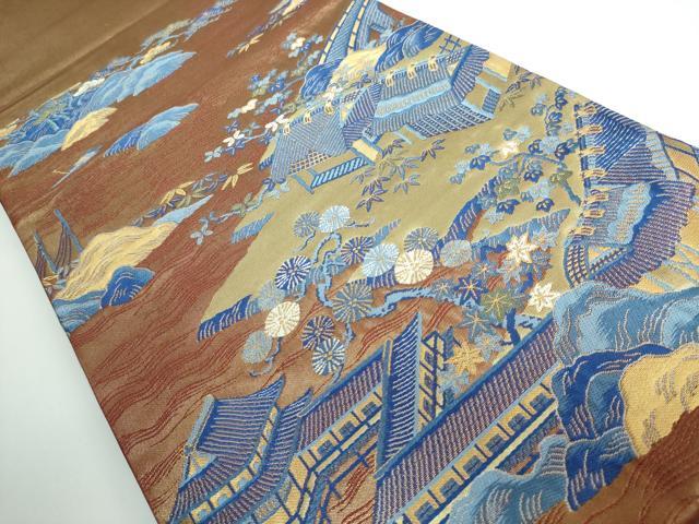 平和屋本店○極上 人間国宝 五代 田畑喜八 六通柄袋帯 藍 風景