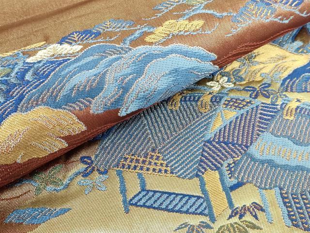 平和屋本店○極上 人間国宝 五代 田畑喜八 六通柄袋帯 藍 風景