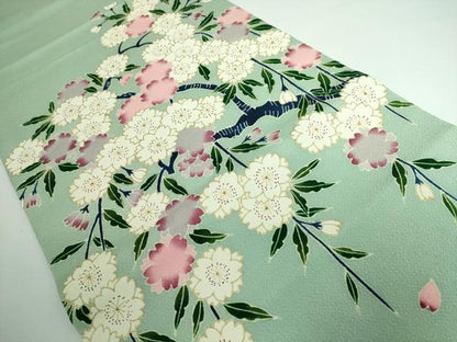 平和屋本店●超希少 東京友禅 久呂田明功 つけ帯 銀座越後屋 枝桜 薄萌葱色地 金彩 鬼しぼ縮緬 逸品 DZAA5157kh5