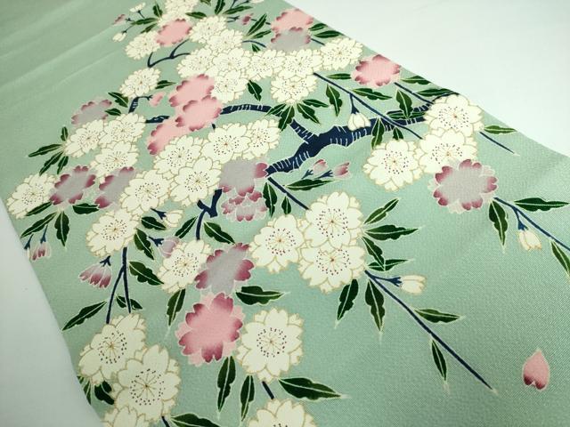 平和屋本店●超希少 東京友禅 久呂田明功 つけ帯 銀座越後屋 枝桜 薄萌葱色地 金彩 鬼しぼ縮緬 逸品 DZAA5157kh5