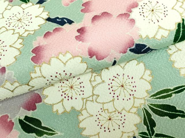 平和屋本店●超希少 東京友禅 久呂田明功 つけ帯 銀座越後屋 枝桜 薄萌葱色地 金彩 鬼しぼ縮緬 逸品 DZAA5157kh5