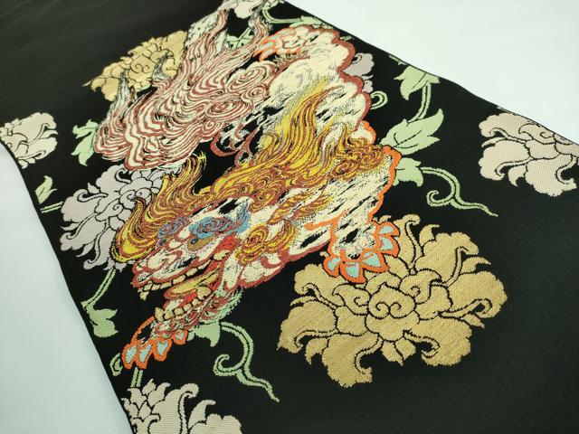 平和屋本店●最高級　龍村平蔵製　太鼓柄　本袋帯　唐獅子　飛錦　黒地　金銀糸　逸品　DZAA5191kh5