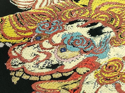 平和屋本店●最高級　龍村平蔵製　太鼓柄　本袋帯　唐獅子　飛錦　黒地　金銀糸　逸品　DZAA5191kh5