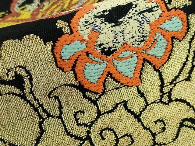 平和屋本店●最高級　龍村平蔵製　太鼓柄　本袋帯　唐獅子　飛錦　黒地　金銀糸　逸品　DZAA5191kh5