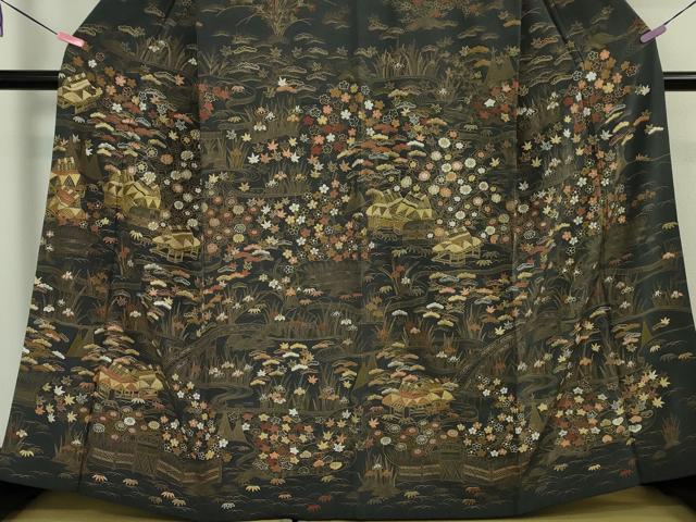 平和屋本店●極上 中国三大刺繍 相良刺繍 訪問着 渡橋風景花文 青褐色地 金糸 鬼しぼ縮緬 逸品 DZAA5208kh5