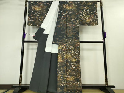 平和屋本店●極上 中国三大刺繍 相良刺繍 訪問着 渡橋風景花文 青褐色地 金糸 鬼しぼ縮緬 逸品 DZAA5208kh5