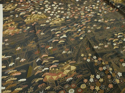 平和屋本店●極上 中国三大刺繍 相良刺繍 訪問着 渡橋風景花文 青褐色地 金糸 鬼しぼ縮緬 逸品 DZAA5208kh5