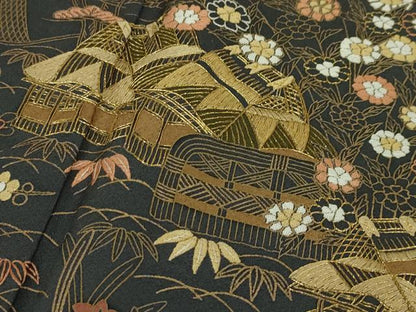 平和屋本店●極上 中国三大刺繍 相良刺繍 訪問着 渡橋風景花文 青褐色地 金糸 鬼しぼ縮緬 逸品 DZAA5208kh5