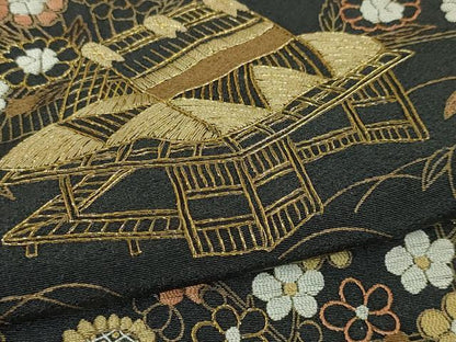 平和屋本店●極上 中国三大刺繍 相良刺繍 訪問着 渡橋風景花文 青褐色地 金糸 鬼しぼ縮緬 逸品 DZAA5208kh5