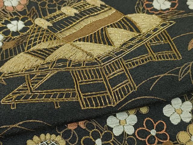 平和屋本店●極上 中国三大刺繍 相良刺繍 訪問着 渡橋風景花文 青褐色地 金糸 鬼しぼ縮緬 逸品 DZAA5208kh5