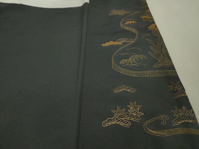 平和屋本店●極上 中国三大刺繍 相良刺繍 訪問着 渡橋風景花文 青褐色地 金糸 鬼しぼ縮緬 逸品 DZAA5208kh5