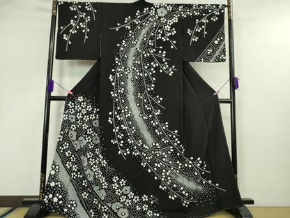 平和屋本店●極上 訪問着 絞り 枝垂れ花 舞花文 黒地 逸品 未使用 DZAA5212kh5